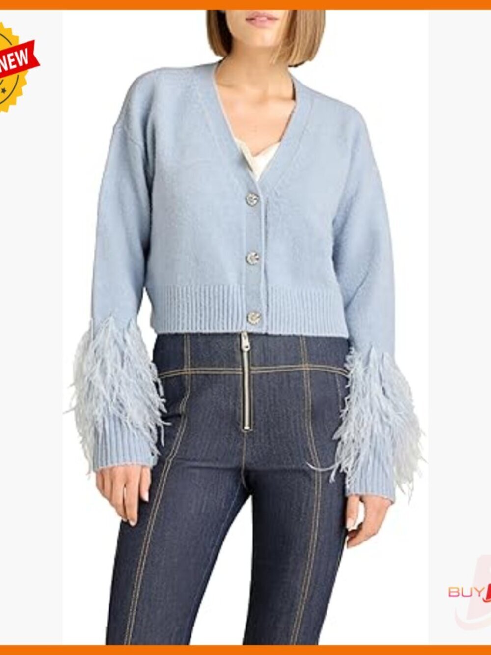 Cropped Feather Detail Cardigan Sweater